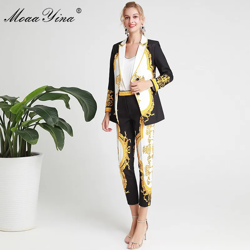 MoaaYina/модный Дизайнерский Костюм, весенне-осенний женский винтажный костюм с длинными рукавами и принтом, топы+ 3/4 брюки-карандаш, комплект из двух предметов
