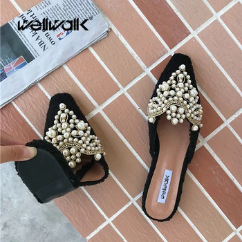

Pearl Crown Mule Shoes Women Flat Slippers Unicorn Female Rhinestone Lace Slides Pointed Toe Ladies Fashion Wedding Party Shoes