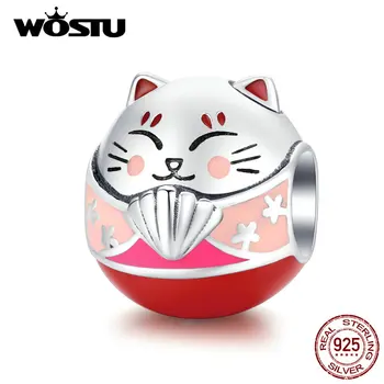 

WOSTU New Fashion 925 Sterling Silver Fortune Cat Beads Pink Lucky Charm Fit Original Bracelet Pendant Fine Jewelry Gift CQC1341