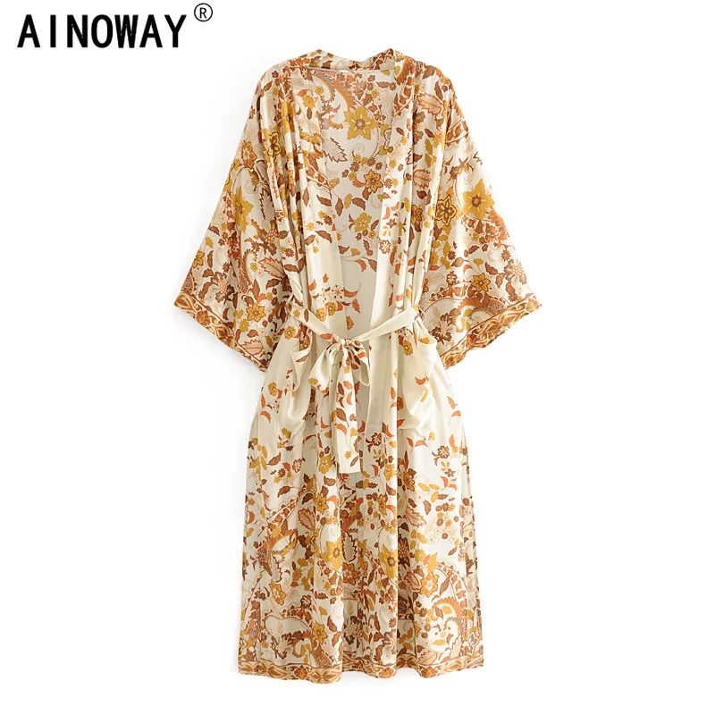 Женское винтажное богемное кимоно желтое платье макси с цветочным принтом