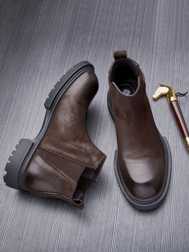 Chelsea boots mens Winter Plus Velvet Warm High Top Autumn Winter British Retro Men Shoes All Match Cowhide Genuine Leather