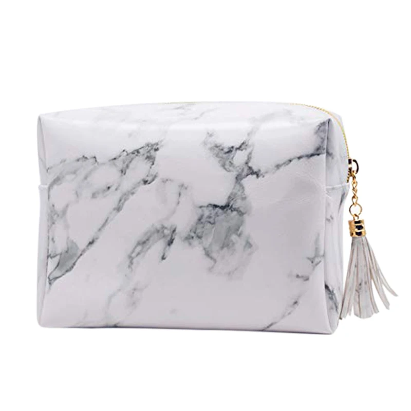 

High Capacity Marble Pattern Cosmetic Bag Makeup Brushes Kit Bag Handbag Toiletry Case Gold Zipper Bag With Beauty Tassels (Larg