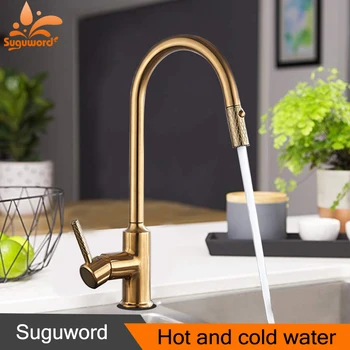 

Brushed Gold Kitchen Faucet Deck Mount Single Holder One Hole Hot and Cold Mixer Tap Full out Brass Crane
