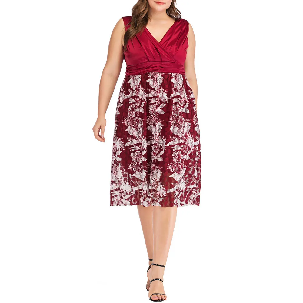 

Plus Size Women Summer Print Vest Dress Sleeveless A-Line Pleated High Wasit Knee-Length Sexy Summer Dress Casual Vestidos 2019