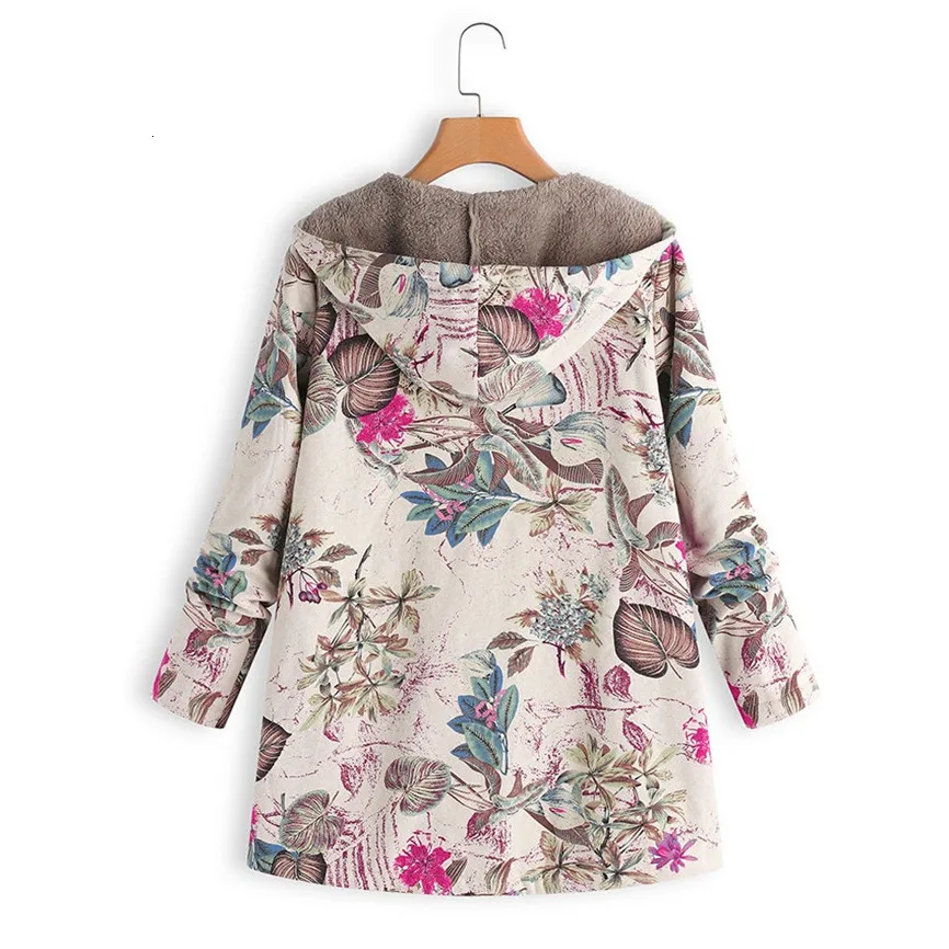 discount  Female Jacket Plush Coat Women's Windbreaker Winter Warm Outwear Floral Print Hooded Pockets Vintag