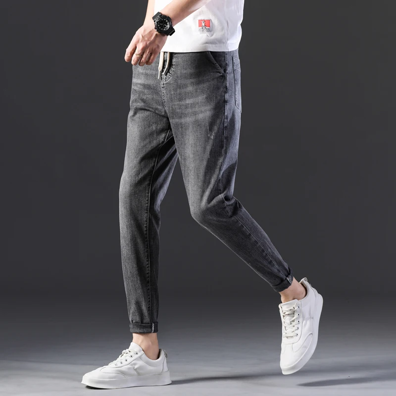 Promotion Man Spring Autumn casual fashion Streetwear Men's Elastic Belt Cotton denim Ankle Zipper Elastic Slim fit Jeans Men Clothing