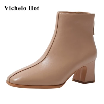 

Vichelo Hot genuine leather square toe high heels zipper simple style pretty girls streetwear casual best sale ankle boots L61