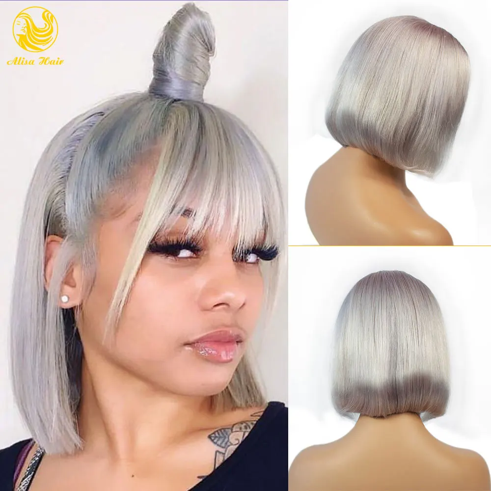 Silver Gray Bob Lace Front Wig 13*4 Pre Plucked Colored Blue Orange Red Green Virgin Brazilian Human Hair Wigs for Black Women