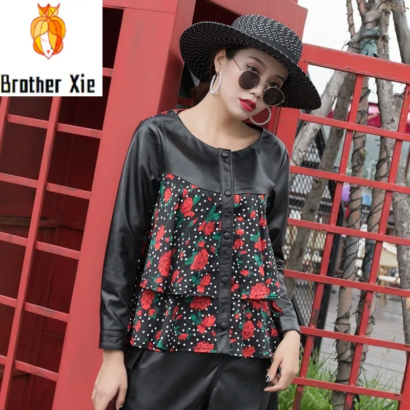 

2020 Female New Flower Printed Sheepskin Jackert Loose Sheep Leather Overcoat Round Collar Fashion Patchwork Chiffon Shirt