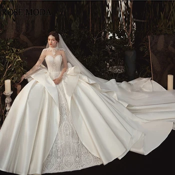شراءRose Moda فستان زفاف برقبة عالية وأكمام طويلة للأميرات موديل 2020 مع ذيل طويل من الدانتيل فستان مخصص