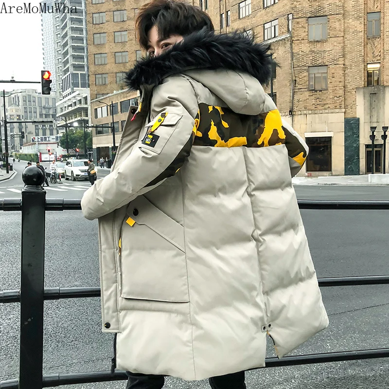AreMoMuWha, мужская хлопковая зимняя новая Толстая трендовая куртка, Мужская длинная Повседневная однотонная хлопковая куртка с капюшоном, мужской пуховик QX346