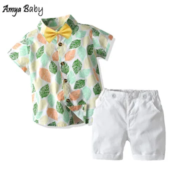 

Amya Baby Boy Clothes Set Summer Short Sleeve Leaf Print Blouse Pants Two Piece Toddler Outfits Casual Beach Children Clothing