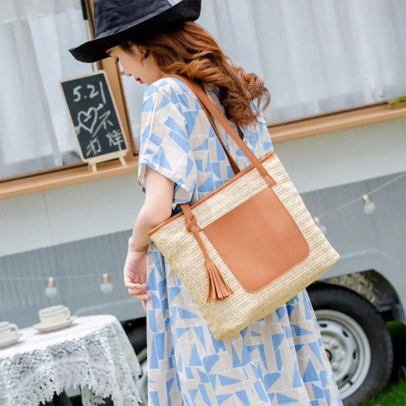 

Women's Woven Handbag Tassel Beach Straw Bag Shoulder Large Outdoor Travel Tote Bags F42A