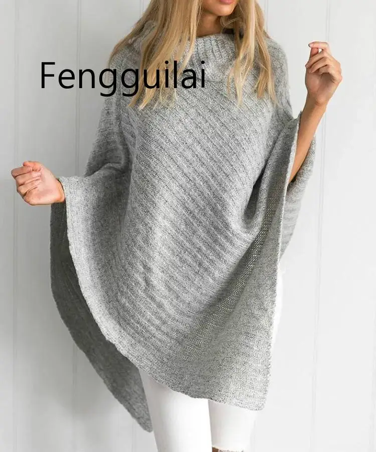 FENGGUILAI осенний вязаный свитер женский большой размер нерегулярные наборы с высоким воротником летучая мышь пальто шаль свитер Топ хаки серый