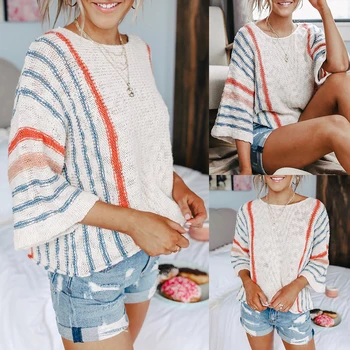 

Cute Summer Color Block Striped Lightweight Comfy Cable Knit Beach Pullover Sweaters