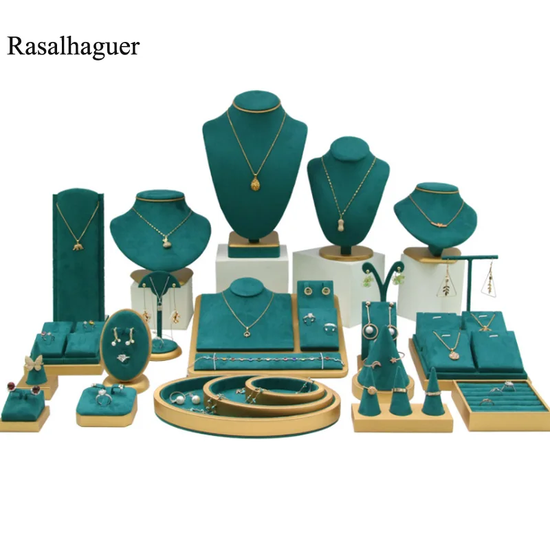 2021Green Set Necklace Bracelet Ring For Counter Jewellry Dispaly Jewelry Earring Holder Ornament Display Stand Green Microfiber