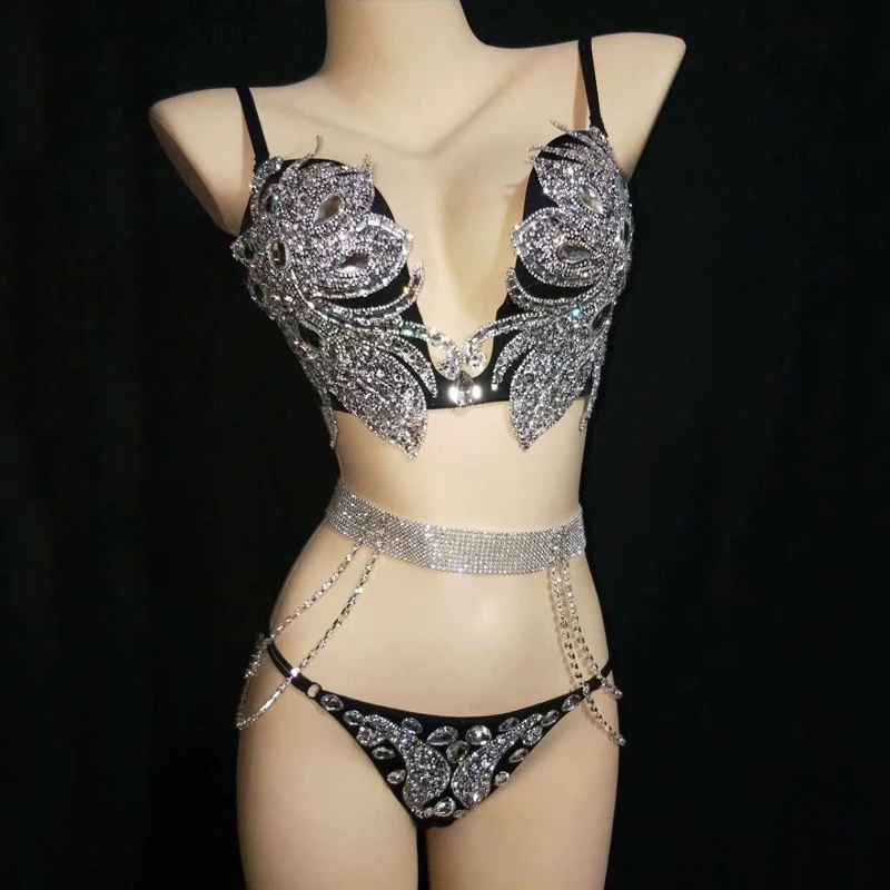 Одежда для танцев на шесте, для ночного клуба, певица, костюм ГОГО танцора, стразы, комплект бикини, бюстгальтер для взрослых, сценический костюм для женщин, для выступлений, VDB1127