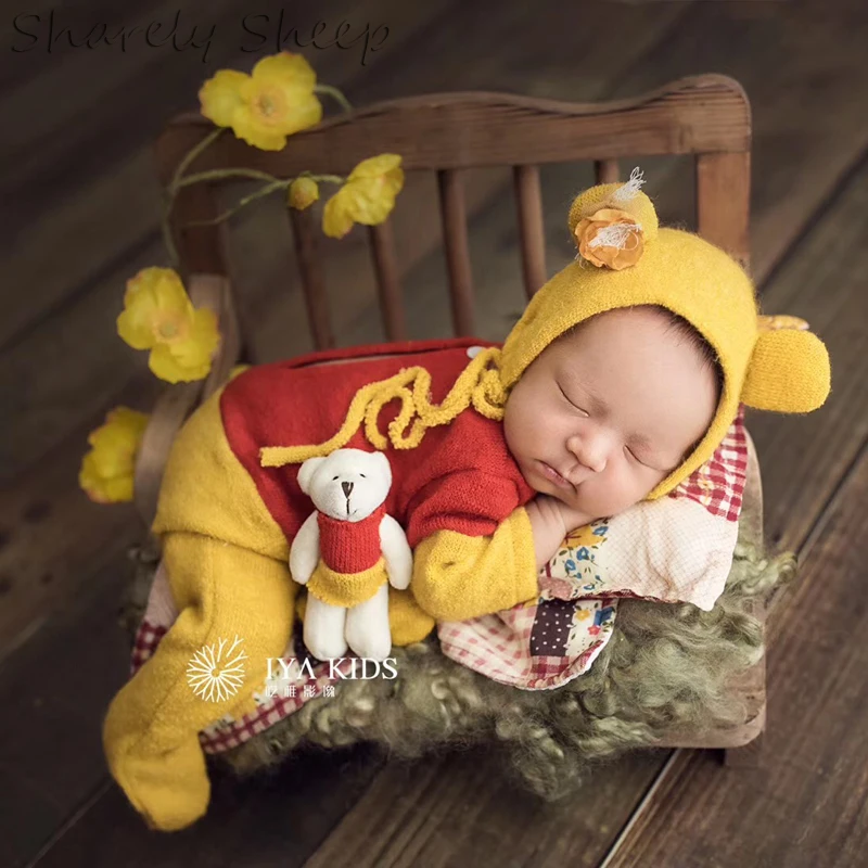 Baby Boy Girl Photo Shoot Cartoon Outfits Newborn Bear Hat+Rompers+Doll Photography Props Clothes Infant Baby fotoshoot Costume