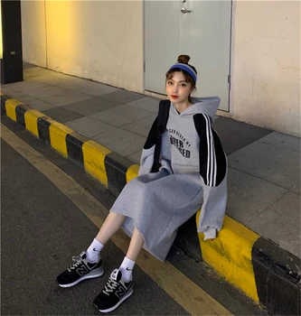 

2020 Hoodies Women Preppy Style Loose Autumn New Hooded Long Sleeve Dress Straight Patchwork Women's Clothing Dresses Letter