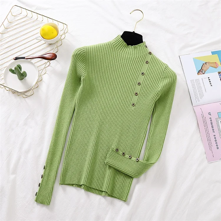 Женские свитера зимняя одежда женский свитер с высоким воротом Женский пуловер тонкий вязаный свитер на пуговицах женские свитера пуловеры - Цвет: Зеленый