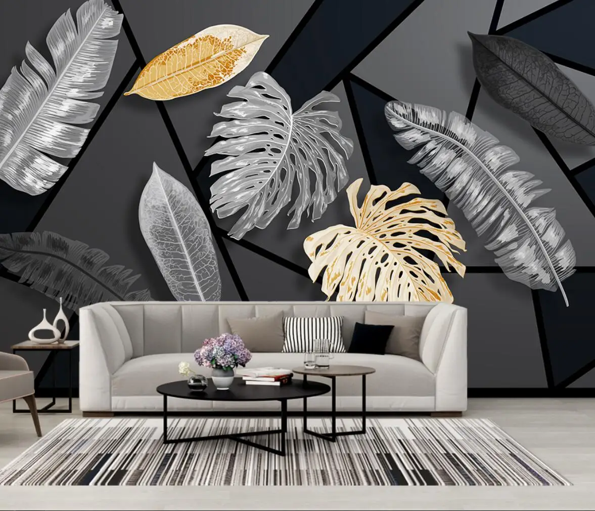 Beibehang-custom Tropical Plant com Folhas Douradas Papel de Parede para Sala Fundo Preto Pintura de Parede 3d Wallpaper para Paredes
