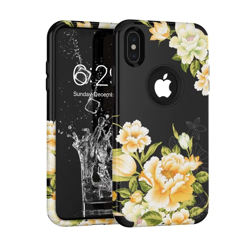 Роскошный чехол 3 в 1 для iPhone 11 pro Max 7 8 6 6s Plus X Xs max XR, Жесткий Чехол для телефона с цветочным рисунком, силиконовый бампер, противоударный чехол - Цвет: Черный