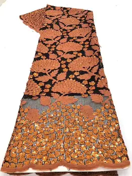 

African Lace Fabric 2020 High Quality Lace Fabric French Sequins Net Cord Tulle Fabrics Nigerian Laces For Wedding Dress Orange