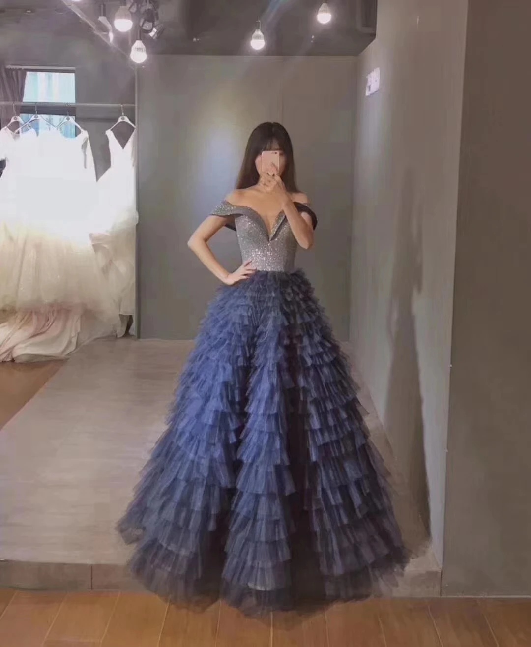 SSYFashion/Новинка; роскошное вечернее платье цвета шампанского; романтическое длинное многослойное платье принцессы с блестками; торжественное платье; Vestidos De Noche - Цвет: Тёмно-синий