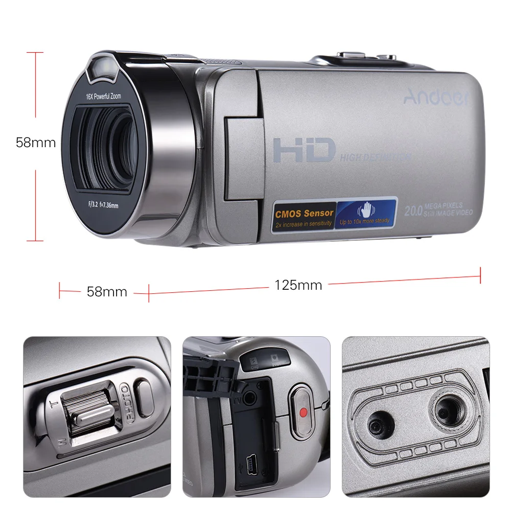 Andoer HDV-312P 1080P Full HD Цифровая видеокамера Портативная Домашняя DV с 2,7 дюймовым вращающимся ЖК-экраном Макс. 20 мегапикселей