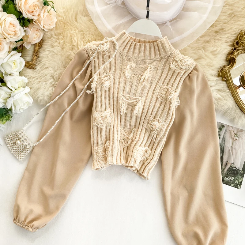 Neploe Autumn Fashion Slim Pull Jumpers Short Turtleneck Vintage Pullover Knitwear Lantern Sleeve Patchwork Knitted Tops 55529