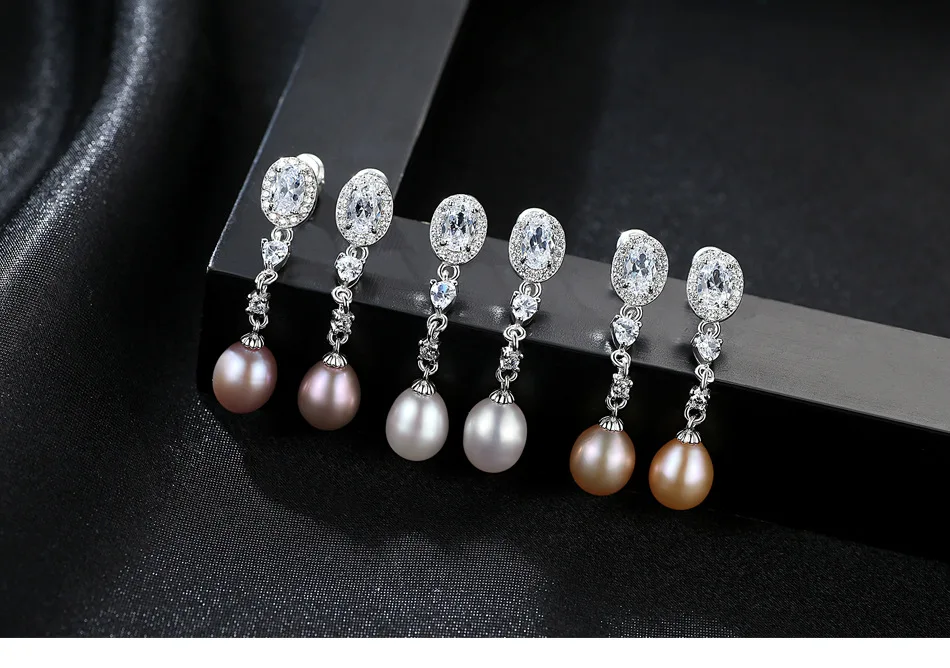 

S925 Sterling Silver Earrings with Zircon Natural Freshwater Pearl Long Earrings F01