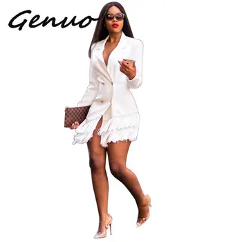 

New Autumn Solid Color Slim Blazers Double Breasted Tassel Notched Long Sleeve Long Blazers Office Lady Coat Outwear