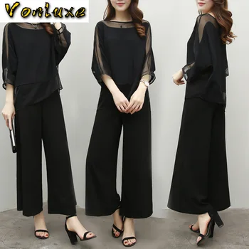 

Wide Leg Pant Suits For Mother of Bride Solid Black Color Chiffon Pantsuits Elegant Formal Wedding Office Ladies Spring Summer