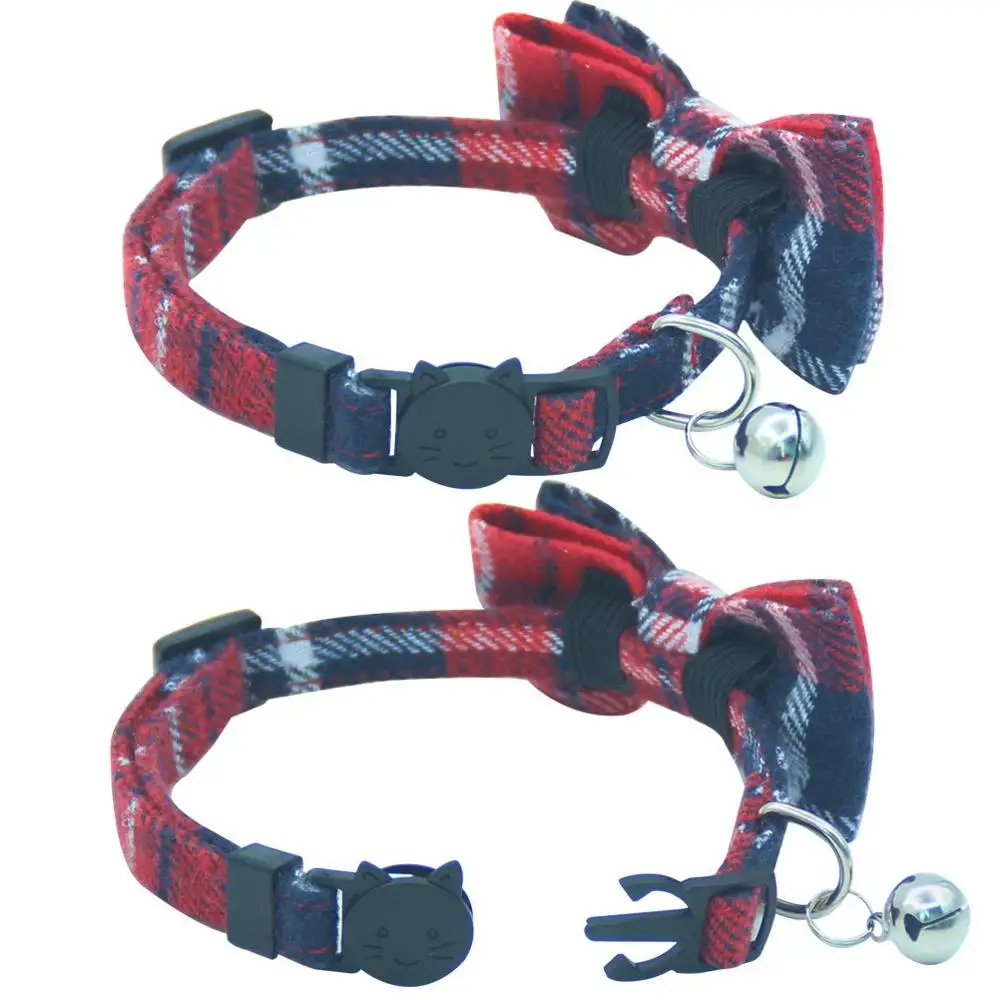 Cute Bowtie Cat Collar Breakaway with Bell Plaid Collar Set for Kitty Puppy Adjustable 7.8-10.2"