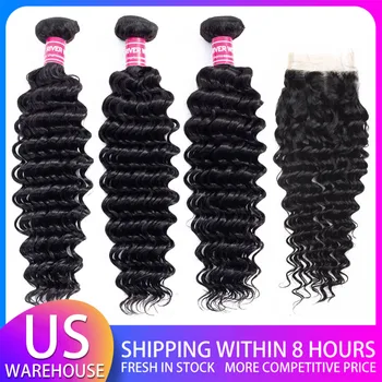

【US WAREHOUSE】Deep Wave Bundles With Closure Riverwood Human Hair Bundles 100% Remy Brazilian Hair Weave Bundles With Closure