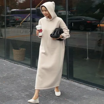 

LANMREM 2020 New Spring Summer Solid Color Full Sleeve Hooded Pullover Sweatshirt Dress Women Korea Big Size Loose Dress PE035