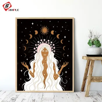 

Nordic Summer Solstice Art Drawing Posters and Prints Celestial Stars Moon Magical Sun Wall Pictures for Living Room Home Decor