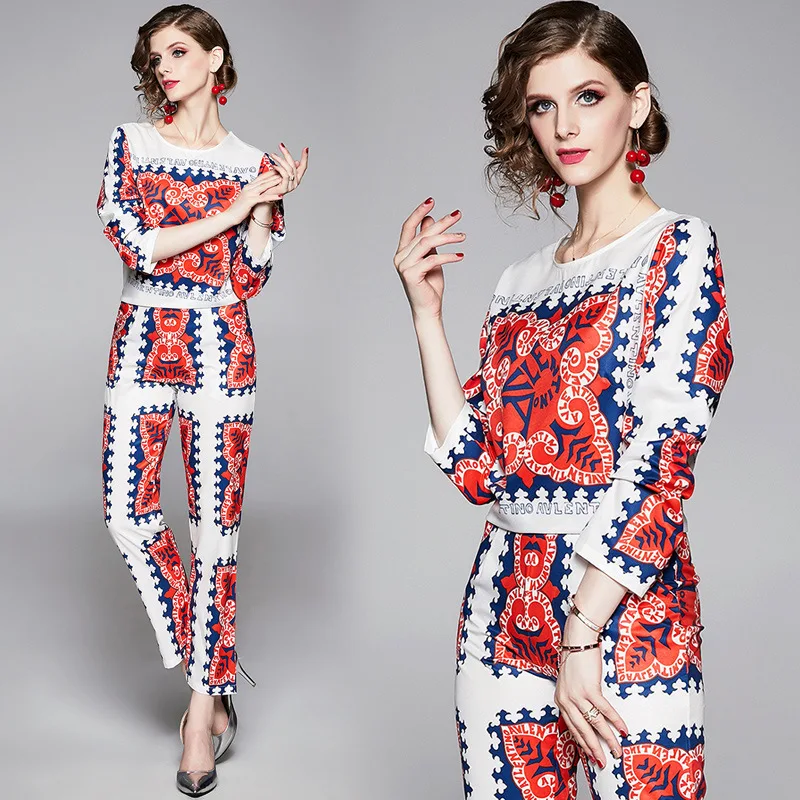 

2019 New Style Fashion Printed Long-sleeved Upper Garment High-waisted Skinny Pants Set Slimming Elegant Two-Piece Set