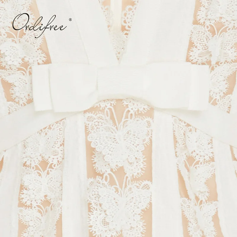 Ordifree Лето Boho женское белое кружевное мини-платье с пышными длинными рукавами Роскошная открытая короткая Туника пляжное платье