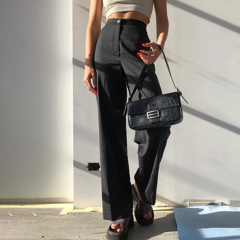 Элегантные повседневные Черные Полосатые офисные женские брюки с высокой талией женские корейские модные брюки уличная одежда 2019