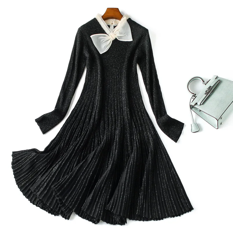 

Knit dress 2019 early autumn new fashion women bow tie long sleeve dress solid long dresses casual female cloth