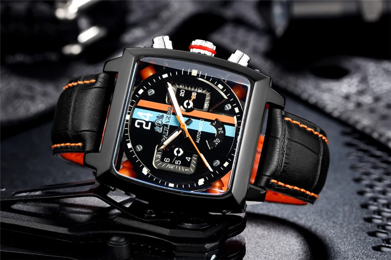 Square Automatic Watches Mens 2022 Luxury Leather Fashion Brand Sports Watch Men Mechanical Wristwatches Clock Orologio Uomo