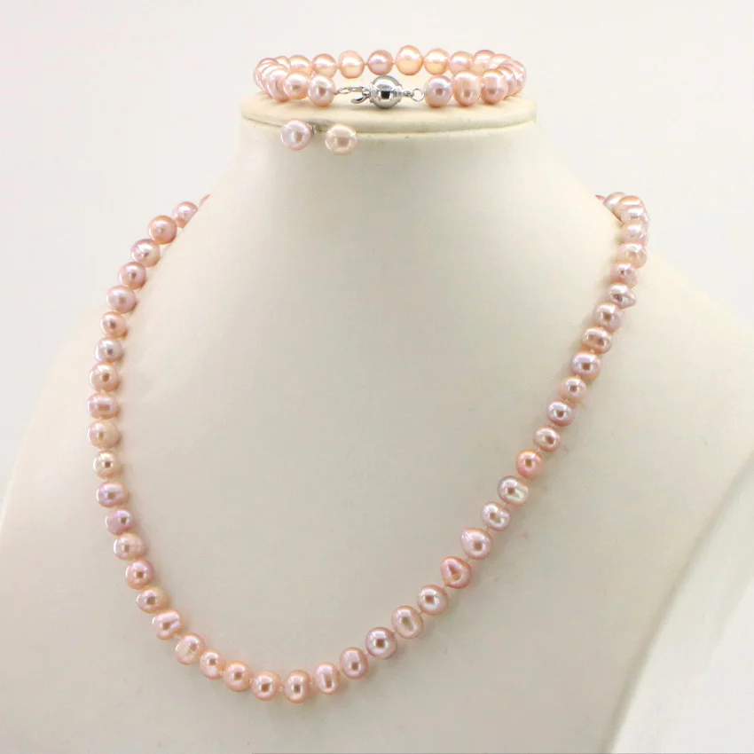 WUBIANLU 4 colors 7-8mm Pink Pearl Necklace Bracelet Earring Sets Women Jewelry Making Design Fashion Style Girl Gift Wholesale (27)
