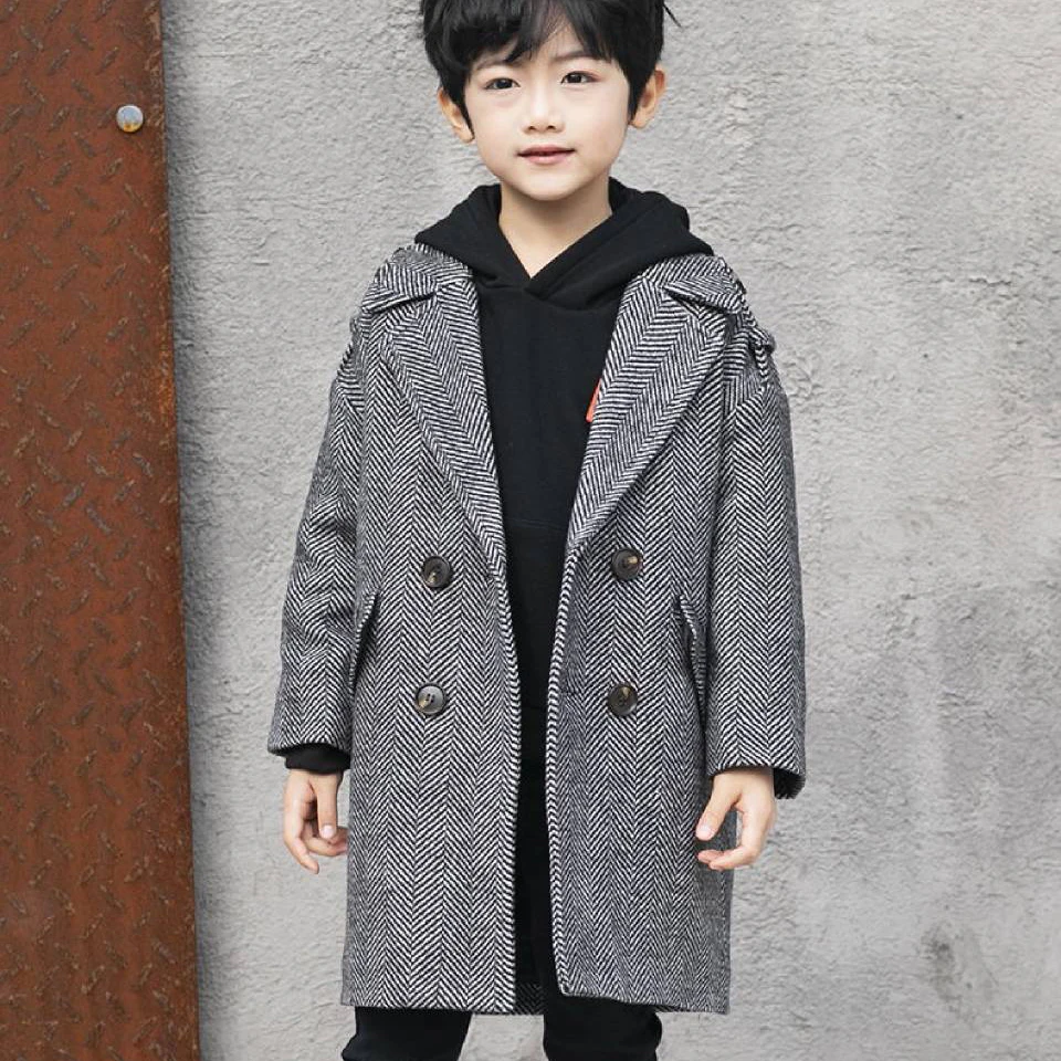 Коллекция года, шерстяное пальто для мальчиков, верхняя одежда с длинными рукавами и отложным воротником, зимняя однотонная куртка для мальчиков, детская ветровка, От 2 до 14 лет на пуговицах - Цвет: Серый