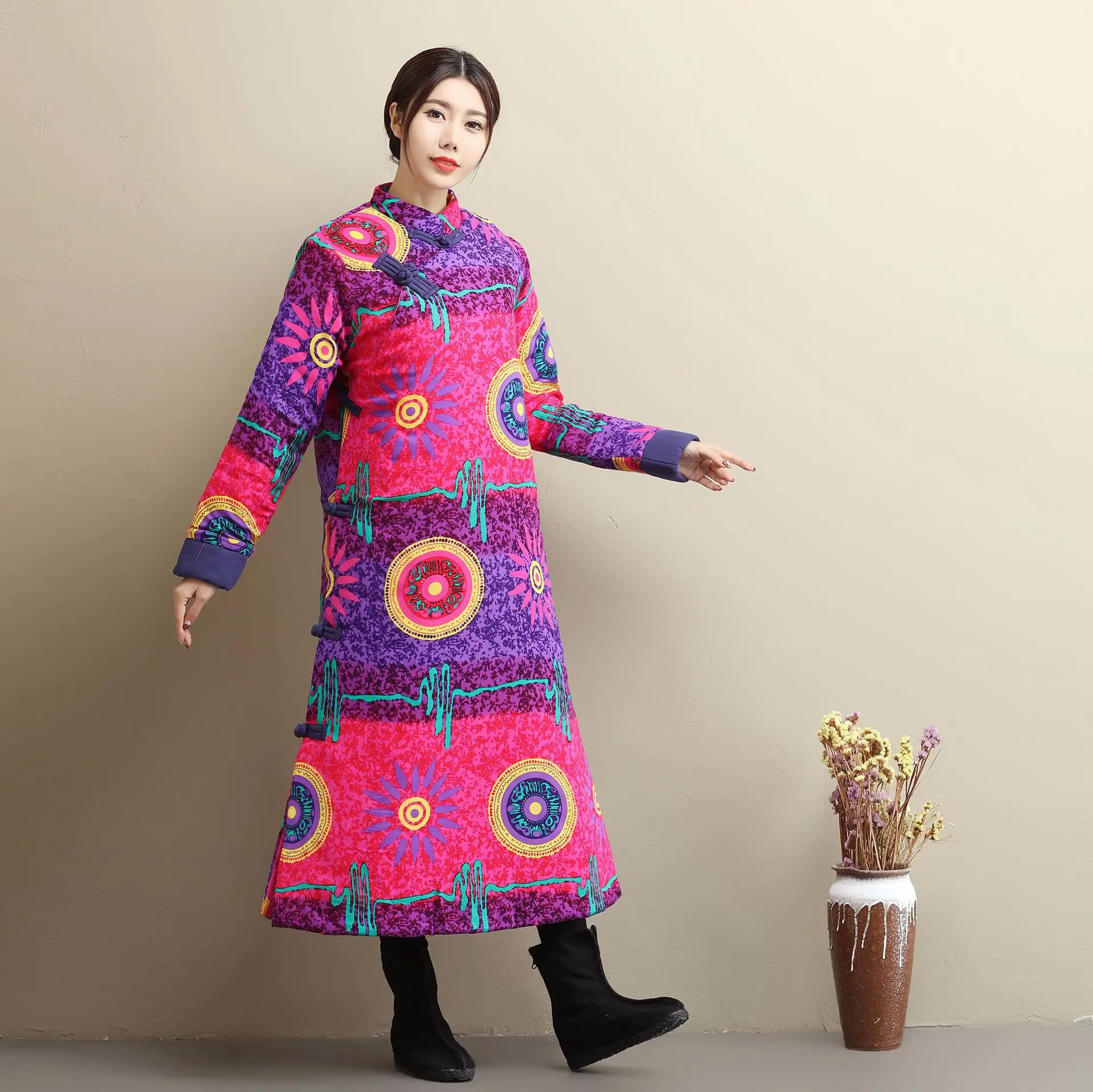

New Style Thick China Ethnic-Style Sunflower Cotton-padded Clothes Sample Customizable