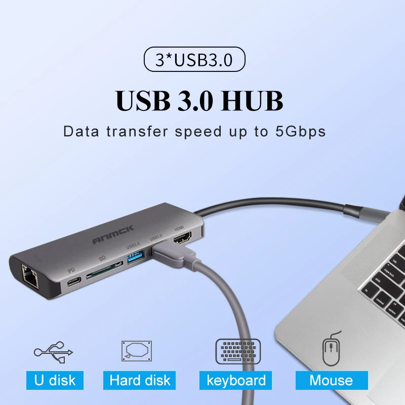 Anmck USB-C концентратор type C концентратор USB 3,0 HDMI RJ45 адаптер док-станция для MacBook Pro Аксессуары type-C 3,1 разветвитель 3 порта USB C концентратор