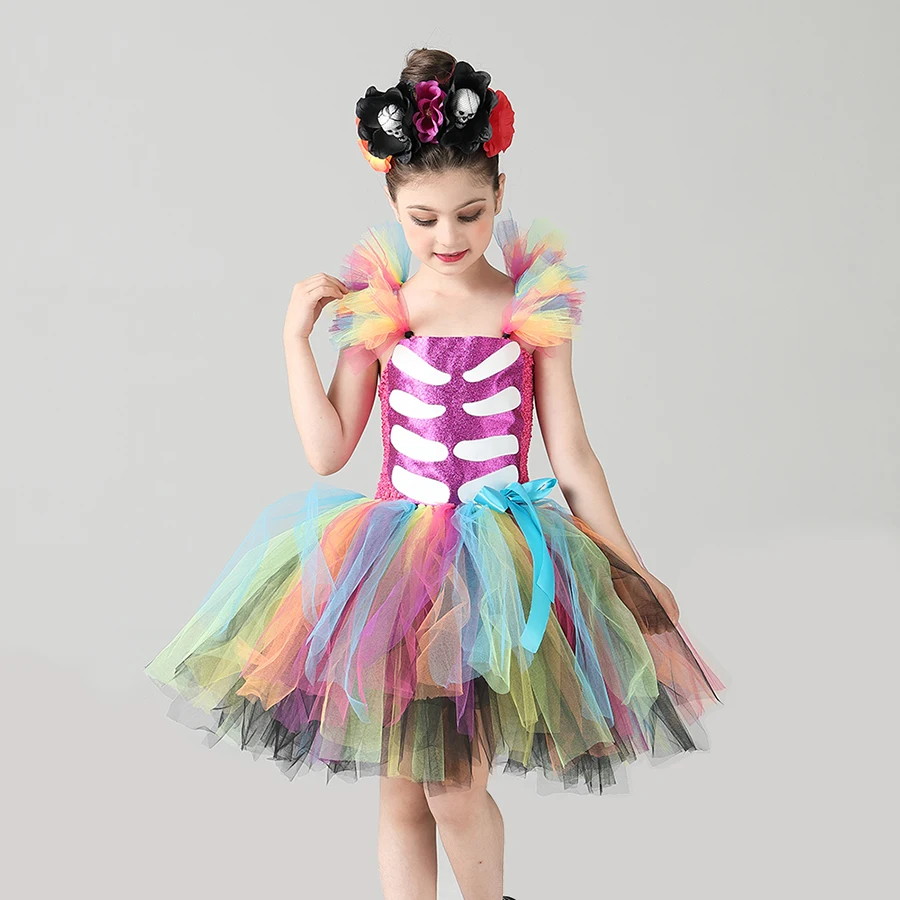 Children Day Of The Dead Halloween Costume Girls Skeleton Skull Dia Muertos Fancy Tutu Dress with Headband Cosplay Party Dress (7)