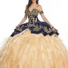 Темно-синие бархатные бальные платья Бальные платья с вышивкой многоярусные юбки кружева до пола Длина vestido de festa сладкий 16 D