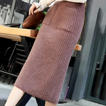 

B 2020 Women Elegant Casual Pocket Decoration Split Skirt New Fashion Design Slim Solid Pocket Decoration Knit Women's Skirt