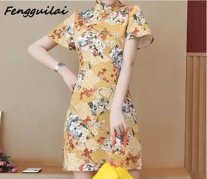 Винтаж китайский Стиль мини желтый Cheongsam Для женщин с жемчугом и атласной лентой, Qipao летние пикантные вечерние платье Mujer Vestidos плюс Размеры S-3X